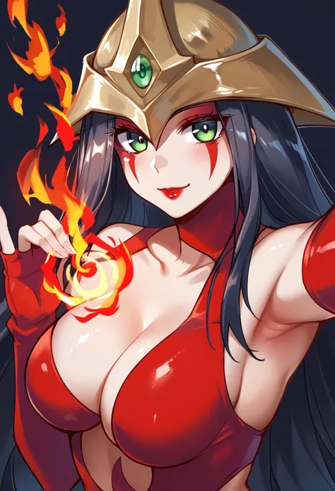 (score_9:0.9),score_8_up,score_7_up,rating_safe,anime style,(zPDXL),(zPDXL3),elemental hero burstinatrix,1girl,solo,fire,looking at viewer,large breasts,normal skin,smile,cleavage,flame,covered navel,upper body,gold helmet,red fingerless gloves,lipstick,re...