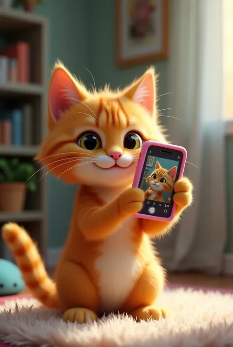 make an 8d picture of an orange cat taking a selfie with a cellphone