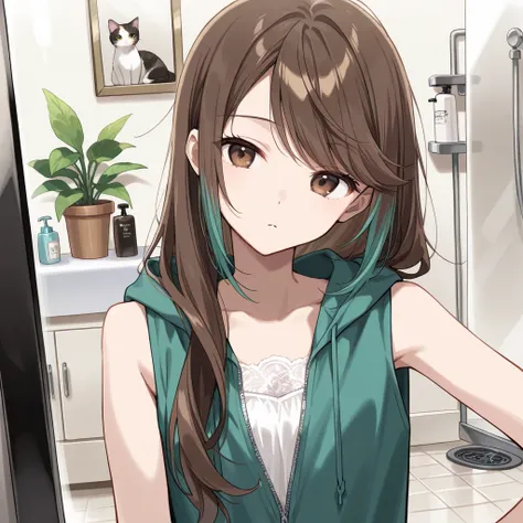  (Masterpiece, best quality), intricate details, JK,, close up, tired expression, brown eyes, very long brown hair with teal highlights, ((sleeveless)) unzipped teal hoodie, strapless white top, ((long swept bangs)), taking off hoodie, bathroom, mirror, da...