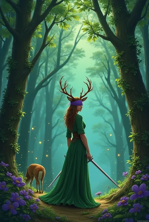  Fantasy map 

The centerpiece is a magical green forest ,where many fireflies are flying , in the thick of the forest is a girl in her 30s with a purple blindfold.
  A girl in a beautiful green long magic dress . The girl has deer horns with leaves and fe...