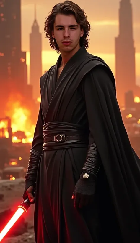 Young male self like Anakin Skywalker with an aura of power on the dark side with a city on fire