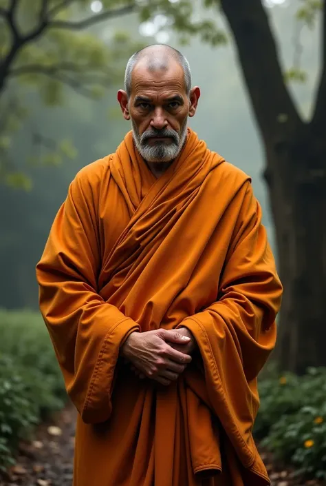 wise Buddhist monk in orange attire and covered up face