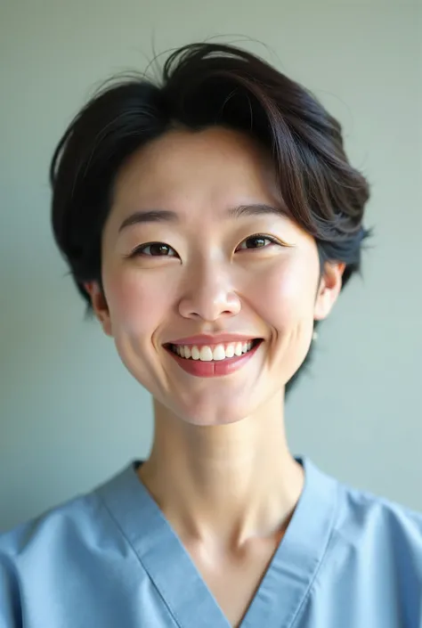 55 year old middle-aged woman ,  youth-looking face, No facial wrinkles,  short hair, nurse,  soft impression , Eye smile, A smile that doesn't see teeth,  Korean, Good-looking face