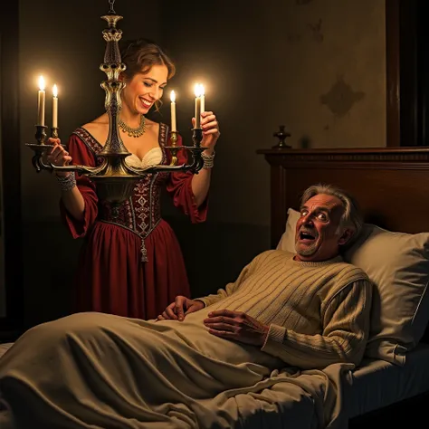 Gothic and surreal scene
In Italy in 1350 ,  a room illuminated by candlelight a well-dressed woman holds a smiling chandelier.
In bed an old man with a frightened face and next to him an ugly woman in a sweater with a satisfied face.
