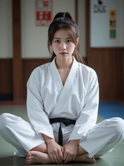 ((Women's karate club))、Sitting cross-legged、 sweaty 、underwear、Karate player、The lower body is a karate uniform、(沢山 sweaty )、 ponytail、Cute girl、(((background karate dojo )))、20 years old、woman, cute、super detailed,(((realistic, photo realistic, photo-rea...