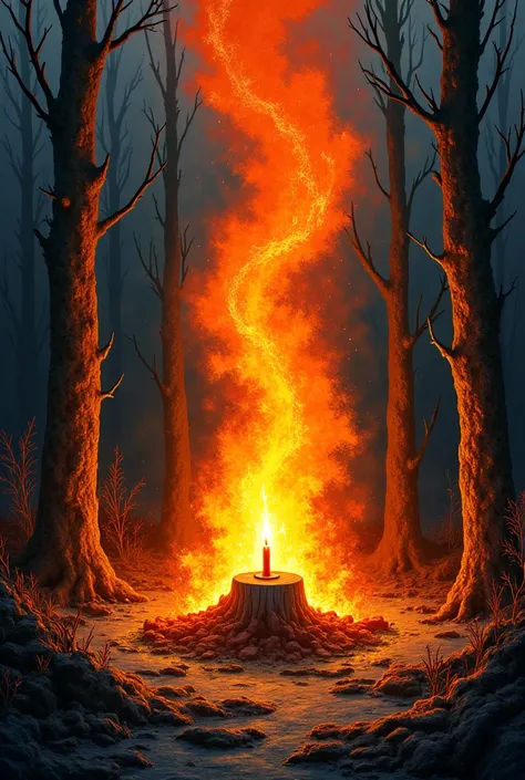 "A massive, roaring bonfire in a dark forest at night, glowing orange and gold flames swirling upward like a phoenix. The wind is depicted as glowing embers and sparks merging with the fire, illuminating bent but unbroken trees. Add cracks in the ground wi...