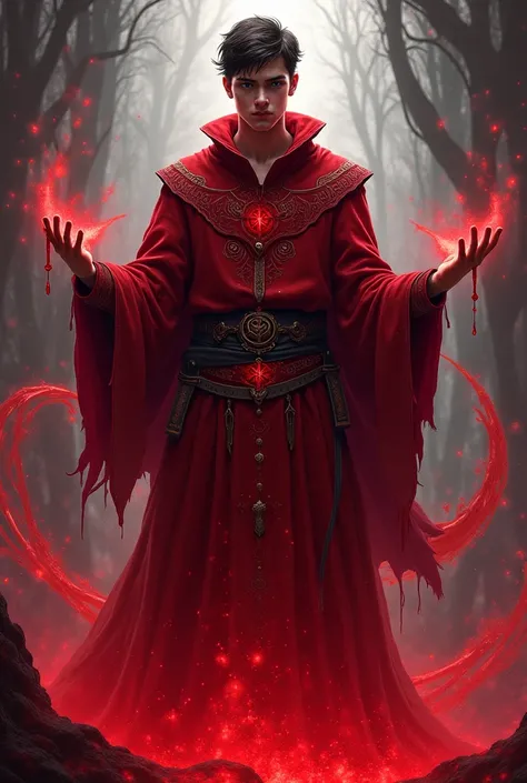 Draw me a young adult male human wizard at Level 1 who uses blood magic