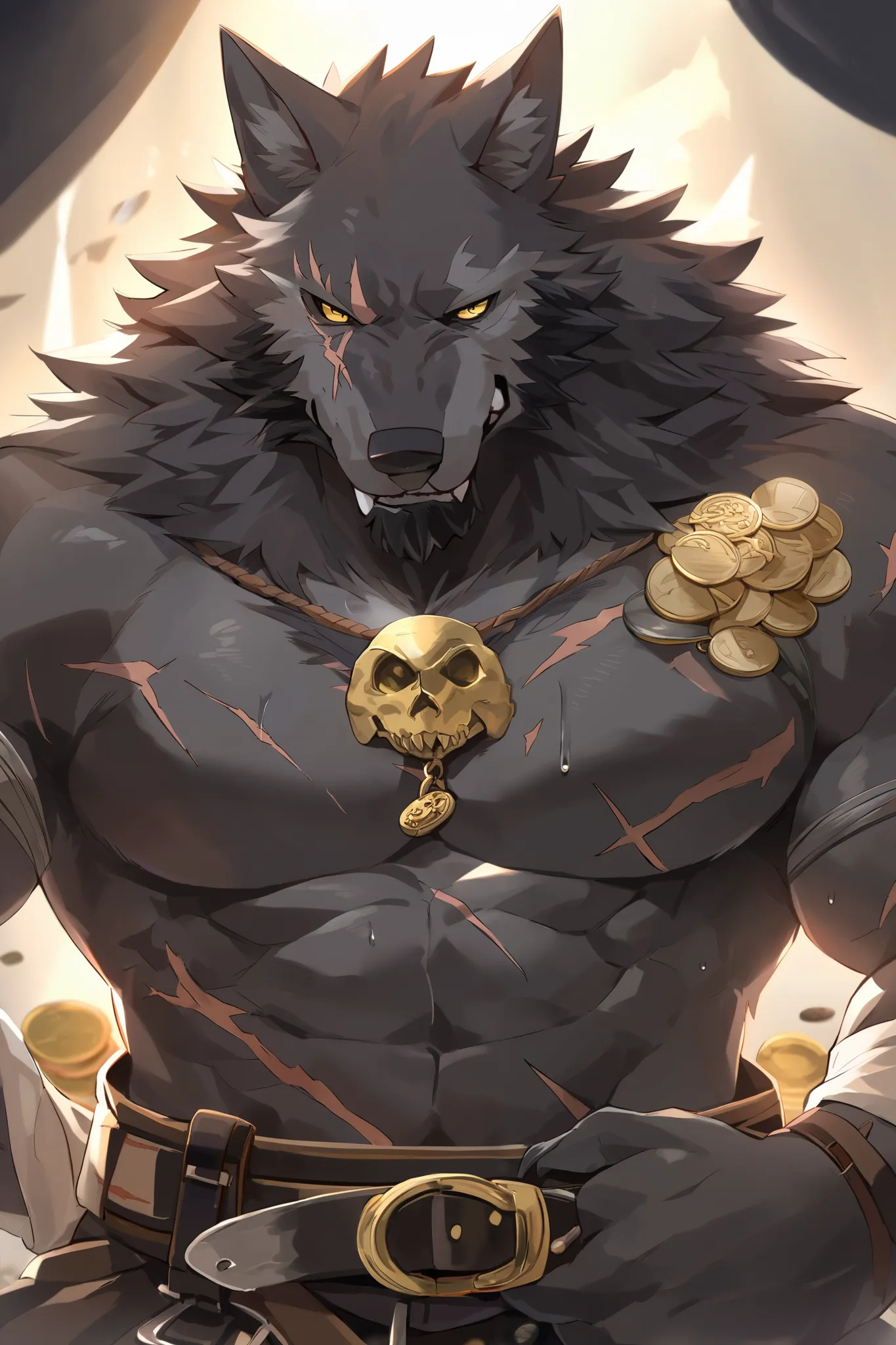 masterpiece, Black bara wolf, dark black fur, muscular, strong physique, black beard, yellow eyes,目が光っている、 strong jaw, solo, great lighting, very manly, sweaty, fantasy theme, killer in gang, pirate costume, weapons on belt, smoking, skull medal, scars,coi...