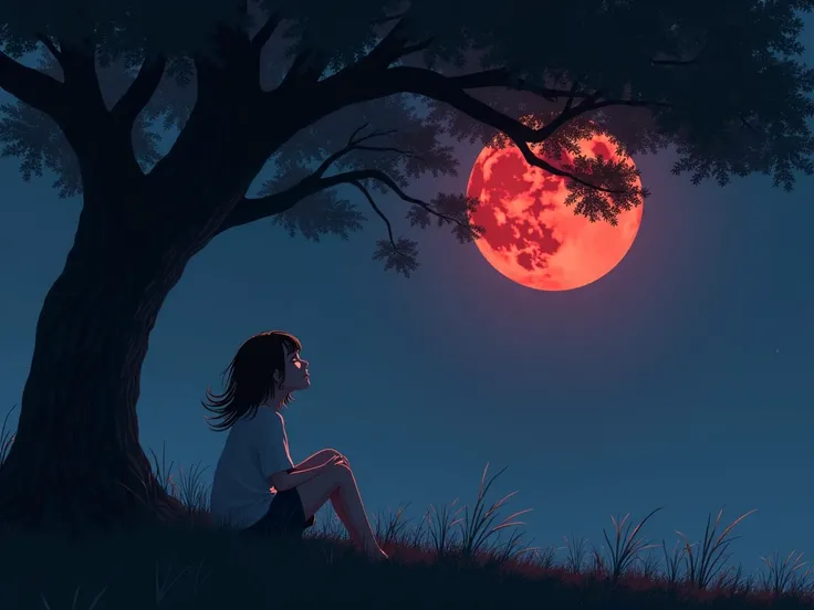 cloudless midnight a gentle breeze shakes the girl's white hair and the leaves of the tree under which this girl sits looking at the crimson moon