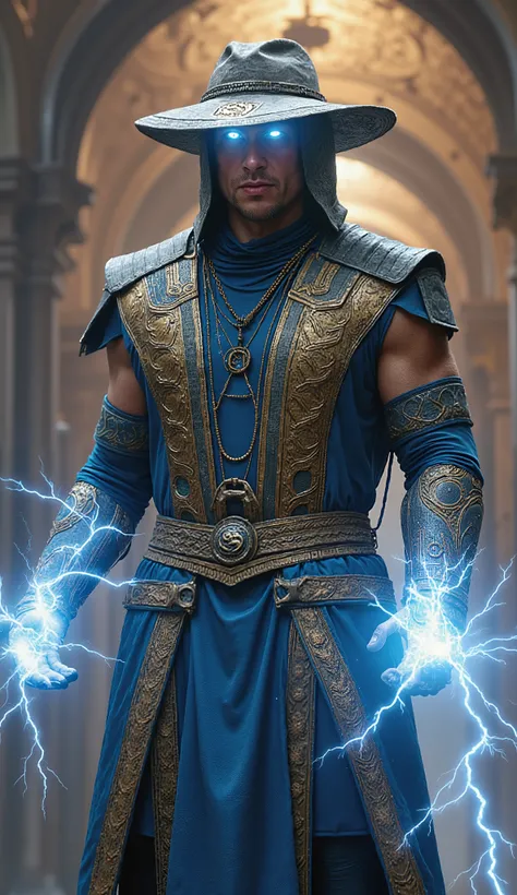  Brad Pitt assumes the role of Raiden in a majestic interpretation Impressive and majestic of  *Mortal Kombat*.  Wearing blue and gold ceremonial armor ,  with electrical details pulsing on your robes ,  he exudes a divine presence ,  radiating power and w...