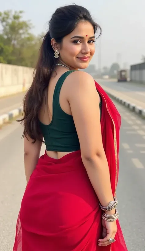 Full body image,(best quality, masterpiece:1.3), (detailed:1.2),Indian beautiful woman sexy bhabhi nupur sanon,facing to camera in standing position leaning to with back view,looking at the viewer on the Makran Coastal Highway posing for camera , Sleeveles...