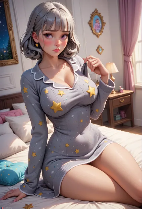  masterpiece,  best quality,  highly dramatic image ,  beautiful eyes,  cinematic lens effect ,  large and beautifully shaped breasts,  Long sleeve sweater blouse , ultra sexy, ultra bouncy,  ultra curvy ,  ((Busty bitches)), ecchi girl, Room,  sitting on ...