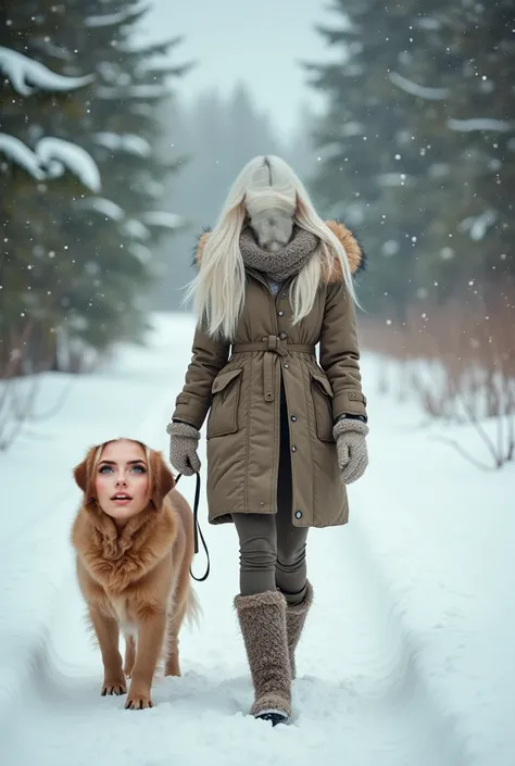 A beautiful Instagram model with white long hair and green eyes walks through a snowy forest with her golden retriever. She’s wearing a fur-lined parka, knitted gloves, and boots, the leash creating a graceful connection between her and her dog.