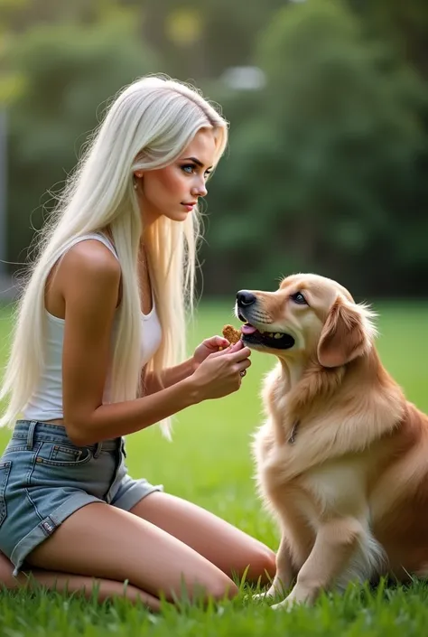 A beautiful Instagram model with white long hair and green eyes kneels on a grassy lawn, holding a treat for her golden retriever. She’s wearing a casual tank top and shorts, her expression focused yet kind as she trains her loyal companion.