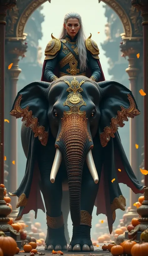 Help create a picture of a handsome young Thai warrior in ancient armor on the back of a black forest elephant with long white hair in a brutal golden white cloak with a beautiful fantasy graphic in the style of neon dark style.