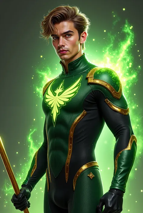 "A Chaos Magic-powered 25-year-old  Caucasian Latino Mix male superhero in a green and black suit with glowing green inclusions and gold metal details, with a gold phoenix symbol on the chest. Holding a Gold Bo Staff. He is surrounded by holographic green ...