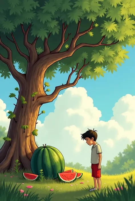 **He thought, "Such a big tree, yet its fruits are so small! And the watermelon plant is so small, yet its fruit is so big! Is this fair?"**  
   - The young man’s thoughtful expression as he looks back and forth between the banyan tree and the watermelons...