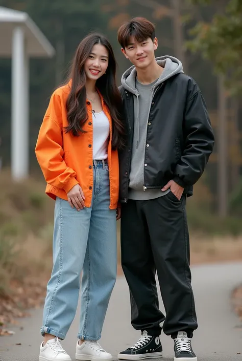  A beautiful Korean girl with long hair  ,in beautiful clothes  , cute , trendy, casual,Akai sneaker ,  is doing various photo shoot poses alongside a handsome korean guy wearing trendy casual clothes , wearing sneakers , pose cozy , cute  , happy ,  facin...