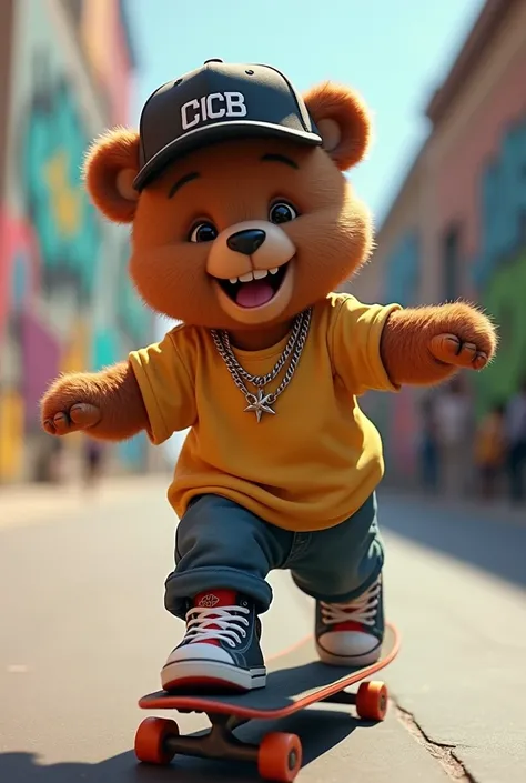 Picture of a little bear in rapper clothes running backwards on a skateboard 