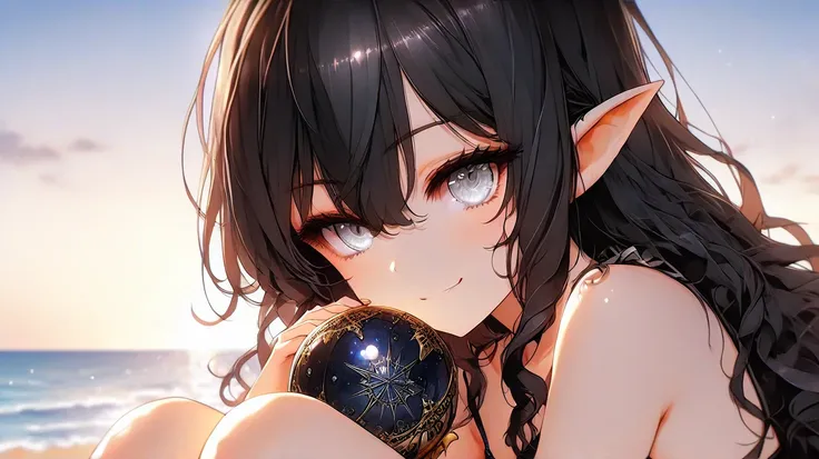 a ((30 year old)) female elf with long ((black)) ((wavy)) hair and ((gray)) eyes, wearing a (black and red) bikini, smirking, playing with a sphere of magical darkness, at the beach, high detail, high quality, best quality, 8k, masterpiece, beautiful face