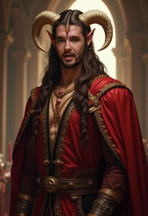 A strikingly handsome male elf with light-colored bull horns, a strong paired with a slim waist. He wears an opulent medieval outfit in rich red tones, accented with gold and black borders and intricate embroidery, showcasing his noble status. Bull horns. ...