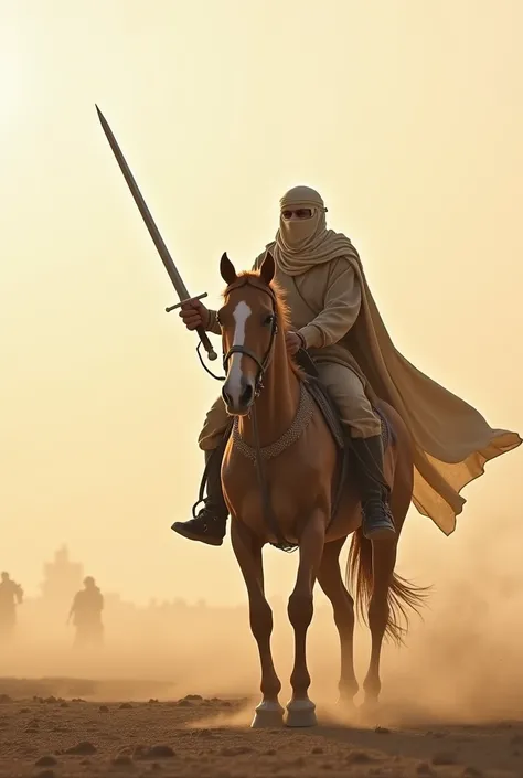 Generate me a picture size of 1176x2556 of a plain background in beige color and the bottom in small size with the dusty war field along with the covered face armed warrior with the waving sword in hand on the horse which is standing on two legs from ancie...