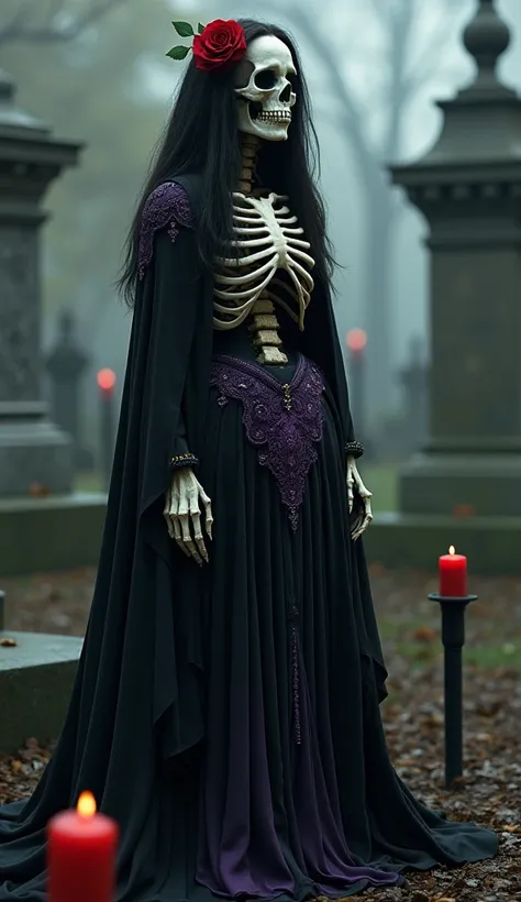  Woman with the face and body of a skull,  with black hair, a long,  with a red rose in their hair, skirt with purple details , black cover, in the cemetery,  with black and red candles next to her , 