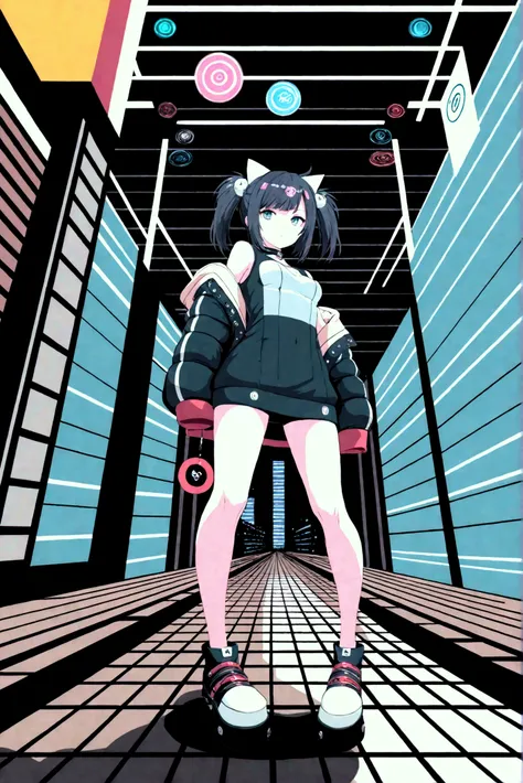 (masterpiece, top quality:1.2),perfect body,Alone,a cute evil punk cat girl,/(fluffy black cat-ear,black hair,twin tails hair,pale skin,simple cyber punk clothes,casual style),she looks up the very tall futuristic building,complex building,Composition of l...