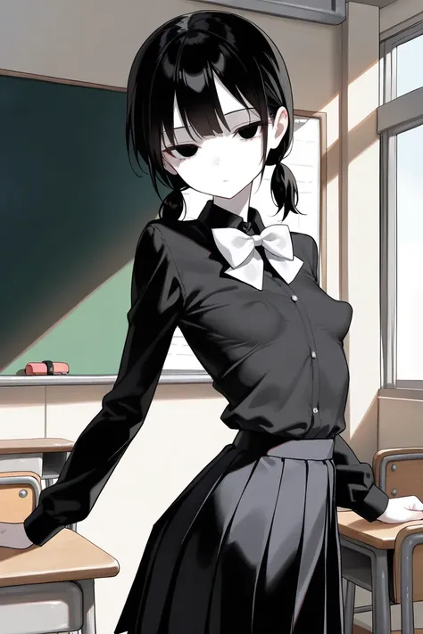 cute girl, asian beauty, (solo), (1girl), (alone), black skirt, pleated skirt, black shirt, white bowtie, narrow waist, perky breasts, skinny body, black hair, asian, short twintails, low twintails, black eyes, (pale skin), looking at viewer, (emotionless ...