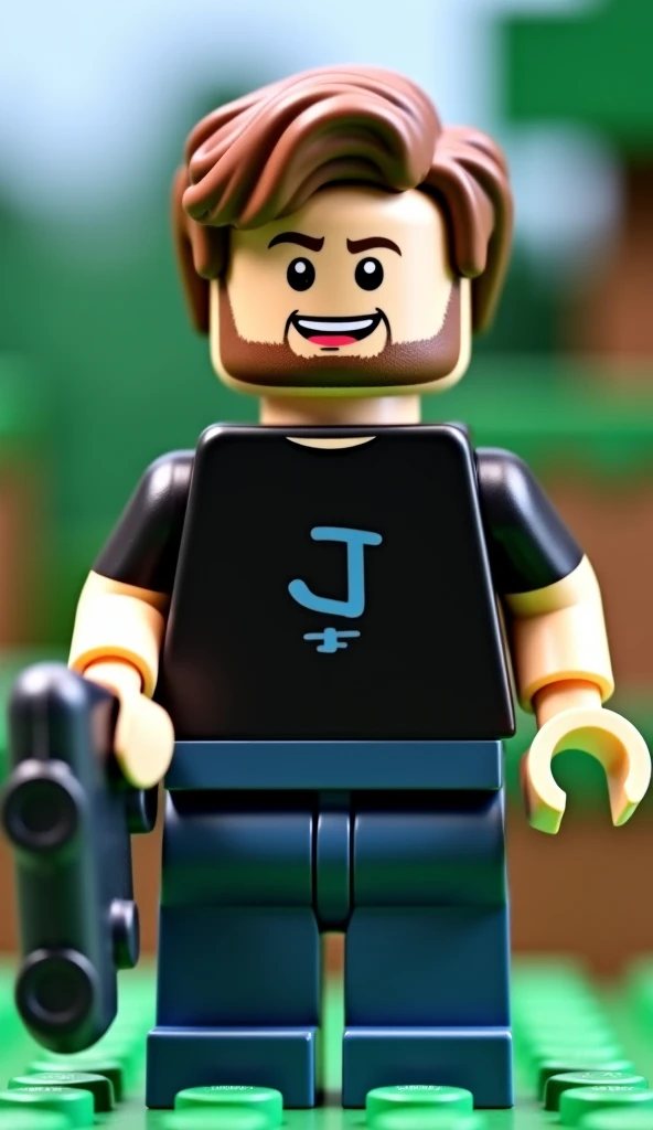  Create a LEGO minifigure inspired by the YouTuber Jazzghost ,  capturing its iconic look and gamer style .

 Head and Expression :  fair skin , light beige head and hands ,  medium brown, slightly messy hair , a bit of a beard, expressive eyes and a frien...