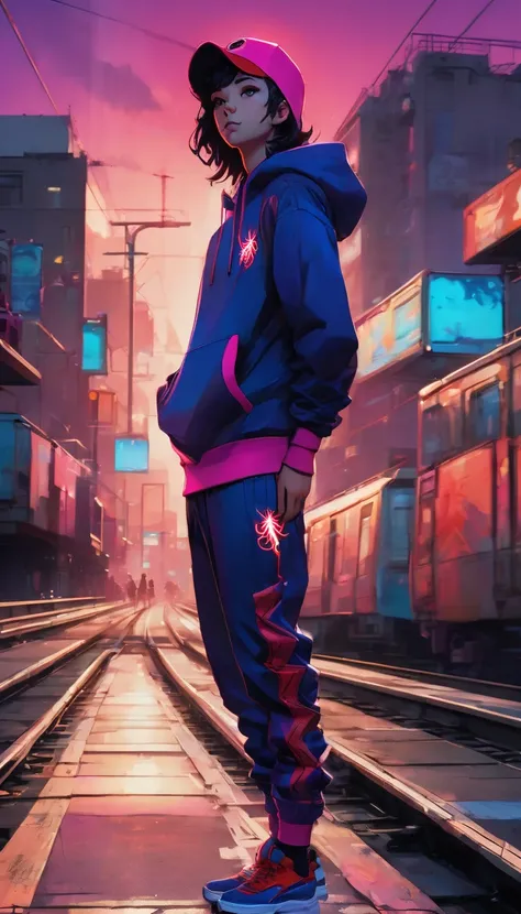 "A stylish young superhero wearing a red hoodie and blue jogger pants with a spider logo on the chest, white sneakers with red accents, standing confidently on urban railway tracks at sunset, vibrant neon city lights in the background, dramatic colorful sk...