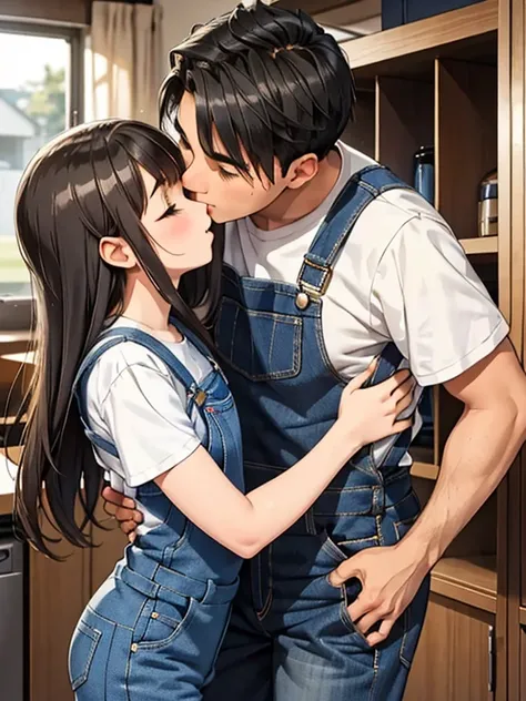 high school boy wearing jeans kissing a young girl wearing overalls