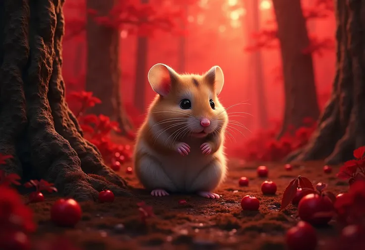 (masterpiece, best quality:1.2), realistic hamster , in the ancient forest,  in a red dream world, red forest, in a red forest, amazing depth, red mood in background, shades of red, photography