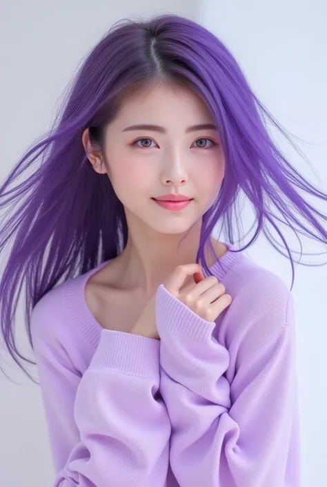 A beautiful woman, with a dazzling smile, wearing a closed shirt like a pastel-colored sweater, with long arms and down shoulder-length next to him, with purple colored hair unraveled in the wind.