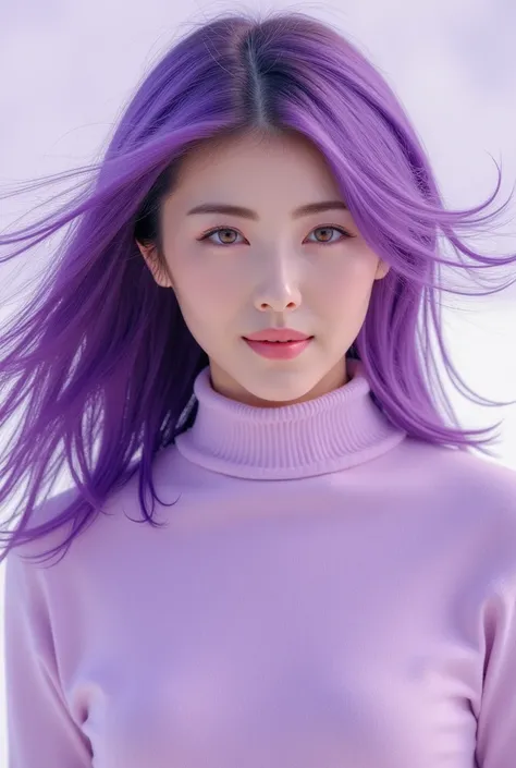 A beautiful woman, with a dazzling smile, wearing a closed shirt like a pastel-colored sweater, with long arms and down shoulder-length next to him, with purple colored hair unraveled in the wind.