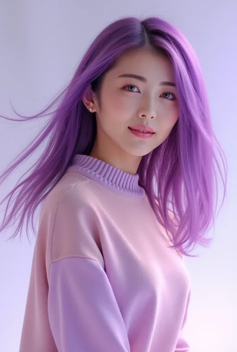 A beautiful woman, with a dazzling smile, wearing a closed shirt like a pastel-colored sweater, with long arms and down shoulder-length next to him, with purple colored hair unraveled in the wind.