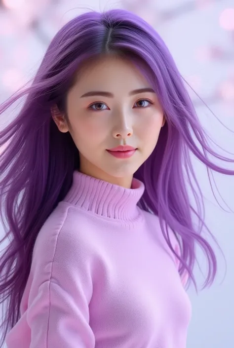 A beautiful woman, with a dazzling smile, wearing a closed shirt like a pastel-colored sweater, with long arms and down shoulder-length next to him, with purple colored hair unraveled in the wind.