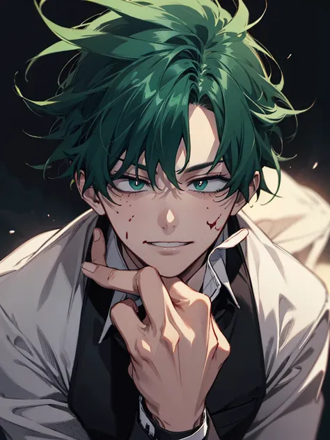 solo, 1boy, anime artwork, score_9, score_8_up, score_7_up, score_6_up, score_5_up, score_4_up, r, Izuku Midoriya, green hair, Villain Arc, Evil, Smirk, One finger on lips, wearing black gloves, green sleeveless vest, long sleeved white collared dress shir...