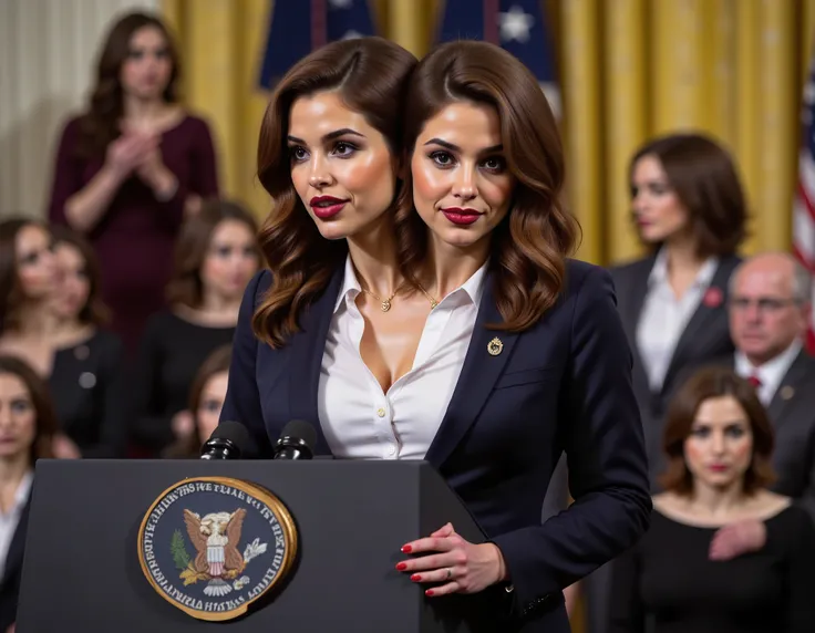 realistic face two headed Caucasian female with brown hair and blue eyes a in business suit, us president, very fit, two heads, conjoined twins, white polo shirt, big boobs, speaking at podium, podium with potus seal, inaguration, us capitol, us flag pin o...
