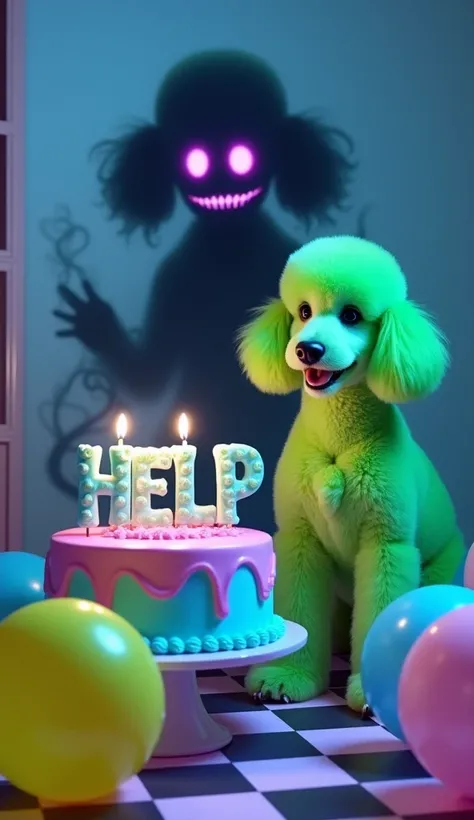 A surreal scene featuring a neon green poodle with a surprised expression sitting next to a pastel pink and blue birthday cake. The candles on the cake spell 'HELLP' in a playful, bubbly font, each flickering with an eerie blue flame. The room is illuminat...