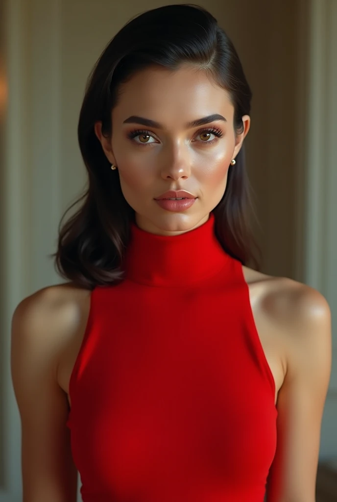 a woman in a red sleeveless turtleneck