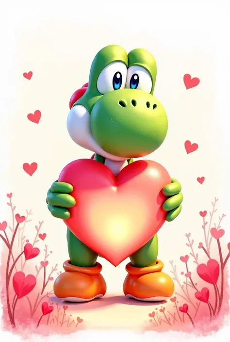 Yoshi holding a heart in a valentine theme in watercolour