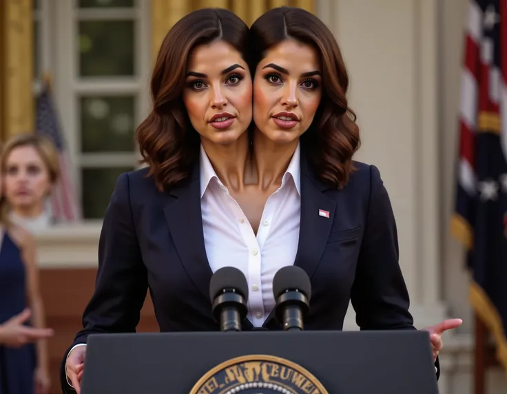 realistic face two headed Hispanic female with brown hair and blue eyes a in business suit, us president, very fit, two heads, conjoined twins, white polo shirt, big boobs, speaking at podium, podium with potus seal, inaguration, us capitol, us flag pin on...