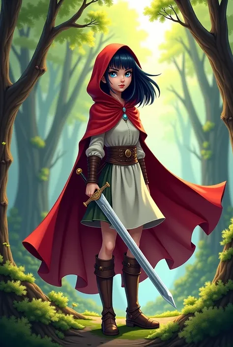 Blue-eyed black-haired girl in medieval clothes with a sword and a red cloak with a hood in the woods