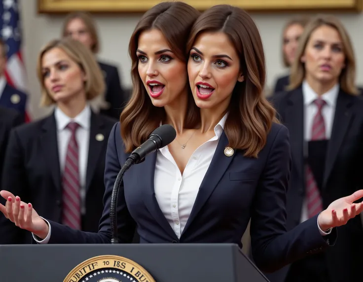 realistic face two headed Caucasian female with brown hair and blue eyes a in business suit, us president, very fit, two heads, conjoined twins, white polo shirt, big boobs, speaking at podium, podium with potus seal, inaguration, us capitol, us flag pin o...