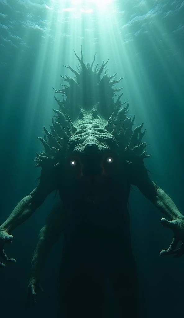 High definition underwater view in close-up, illuminated by rays of light piercing the darkness of the ocean. In the background, a monstrous creature emerges, seemingly straight out of the worst nightmares, with bones and pieces of skin exposed, sunken eye...