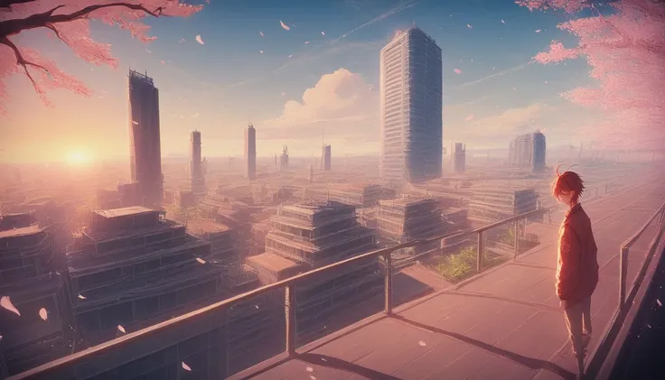 An award-winning photo of a bustling Anime-Series cityscape (Anime-Series:1.3), bathed in the warm glow of  sunset  ( sunset :1.2). lively, color, and full of life ,  with towering skyscrapers ,  busy streets ,  and futuristic technology . Captured by the ...