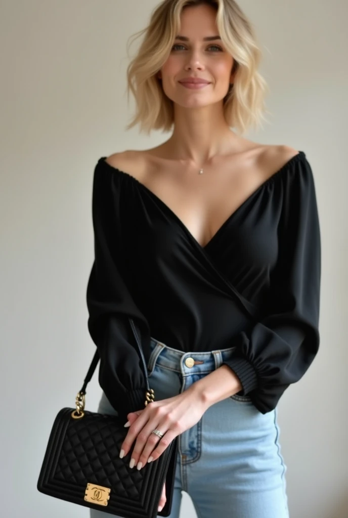  A woman with an elegant and modern style poses with a subtle smile .  She wears a black long-sleeved top with a pronounced V-neck that leaves her shoulders exposed, highlighting your silhouette.  She combines it with high-waist jeans in light blue ,  prov...