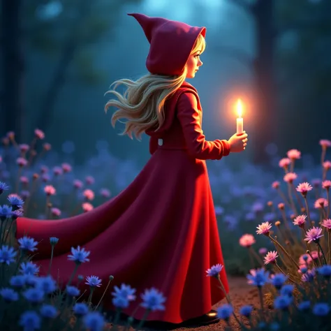 
(( RAW Photo),  absurd,  Very pretty blonde girl  enough for a ren's story and mysterious Little Red Riding Hood ,  her red suit shines and flutters in the wind, her costume emits a magical reddish glow as if she were a FAIRY,  general plan full body ( ab...