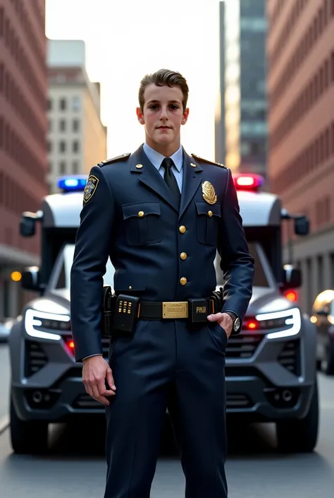 Make me the closest realistic prediction of a future male policeman wearing uniform standing in the street in front of police truck